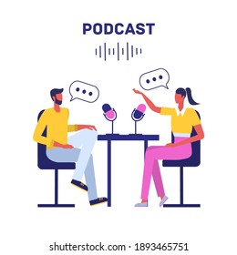Podcast concept illustration. A guy and a girl sit at the table, conduct a dialogue on various topics and record a podcast. Podcast screensaver concept.
