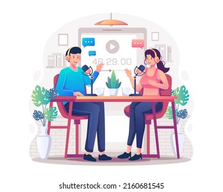 Podcast concept illustration with a host man in headphones interviewing a guest woman in a broadcast live-streaming. Man and woman in Podcast on the studio. Flat Style Vector Illustration