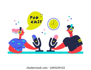 Podcast concept illustration. Interview concept. Two podcasters.  Color vector illustration in modern flat style.