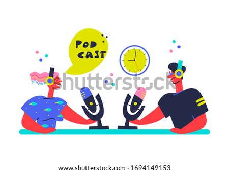 Podcast concept illustration. Interview concept. Two podcasters.  Color vector illustration in modern flat style.