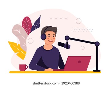 Podcast concept illustration. Male podcaster talking to microphone recording podcast in studio. Concept of internet online radio