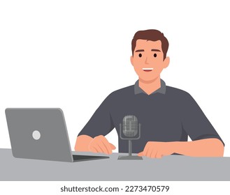 Podcast concept illustration. Male podcaster talking to microphone recording podcast in studio. Concept of internet online radio. Flat vector illustration isolated on white background