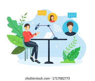 Podcast concept illustration. Male radio host interviewing guests on live stream. Podcast in studio flat vector illustration. Podcasting, broadcasting, online radio concept. Vector in flat style