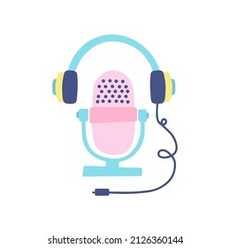 Podcast Concept Illustration. Media Tool, Mic And Headphones