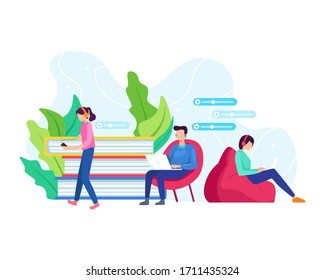Podcast concept illustration. Men and women with earphones and headphones listening to podcasts or online radio. People learning on laptop and smartphone study on podcast. Listen to podcast anywhere