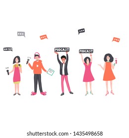 Podcast concept illustration. People are standing and recording podcast. Man is holding the word Podcast. Vector illustration
