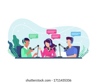 Podcast concept illustration. Radio host interviewing guests on radio station. Podcast in studio flat vector illustration. Podcasting, broadcasting, online radio concept