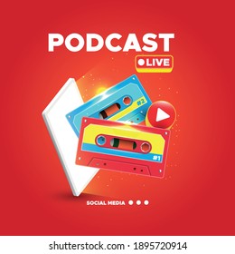 Podcast concept illustration concept with realistic cassette