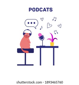 Podcast concept illustration. Surprised funny ginger cat with headphones listening to a podcast while the owner does not see. Podcast screensaver concept.