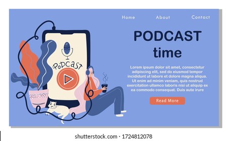 Podcast concept illustration. Webinar, online training, tutorial podcast concept. Young female listening to podcasting sitting on the floor of the house. Website landing page, web page