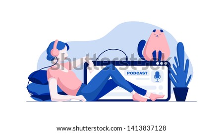 Podcast concept illustration. Webinar, online training, tutorial podcast concept. Young female listening to podcasting sitting on the floor of the house. Vector illustration.