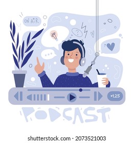 Podcast concept illustration.  Webinar, tutorial podcast, live streaming. Young smiling man in headphones with microphone recording audio broadcast. Vector cartoon flat style isolated on white.
