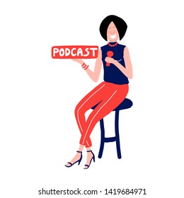 Podcast concept illustration. A woman is sitting and recording podcast.