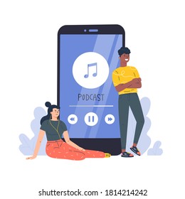 Podcast concept illustration.Webinar,online training.Young people listening to podcast on phone.Concept for web landing page template,banner,flyer.Vector flat illustration on white background