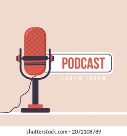 Podcast concept. Logo for live streaming, blogging and webcasting. Listening to music and audio broadcast. Recording webinar, tutorials and online courses. Vector illustration in flat cartoon style.