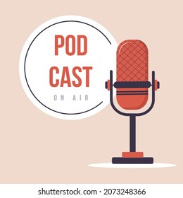 Podcast concept. Logo for live streaming, blogging and webcasting. Listening to music and audio broadcast. Recording webinar, tutorials and online courses. Vector illustration in flat cartoon style.