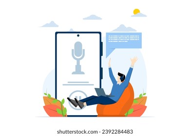 Podcast concept, A man holding a pointer stick and clicking a podcast subscribe button on a large computer as a background, Flat vector illustration on a white background.