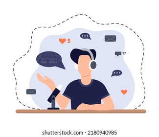 Podcast concept. Man talking with the audience. Podcaster on the air.