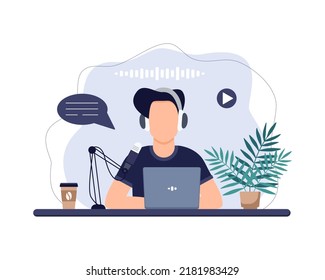 Podcast concept. Man talking with the audience. Podcaster on the air.