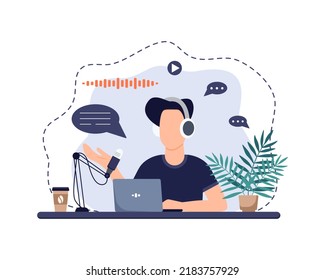Podcast concept. Man talking with the audience. Podcaster on the air.