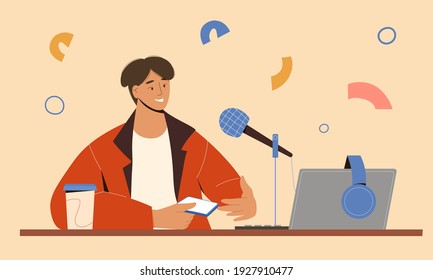 Podcast concept, man talking in microphone, recording stream. Vector illustration in flat style