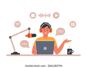 Podcast concept. Man wearing headphones in front of laptop, talking into microphone, recording sound. Vector illustration with icons in flat cartoon style.