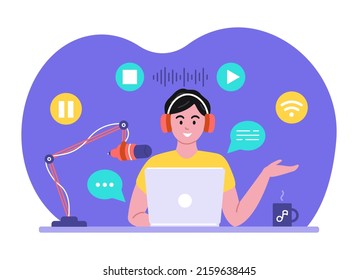 Podcast concept. Man wearing headphones in front of laptop, talking into microphone, recording sound. Vector illustration with icons in flat cartoon style.