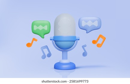 Podcast concept Microphone 3D icon multimedia record key melody sound music notes musical on pastel isolated background. Minimal cartoon style. Eps 10 vector. 3d render illustration. elements