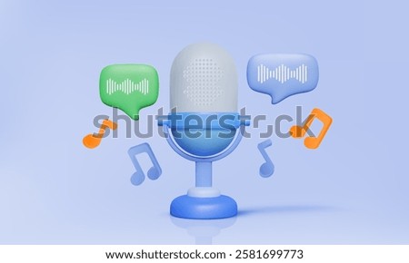 Podcast concept Microphone 3D icon multimedia record key melody sound music notes musical on pastel isolated background. Minimal cartoon style. Eps 10 vector. 3d render illustration. elements