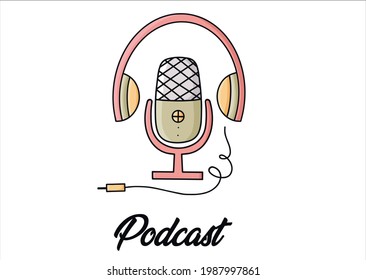 Podcast concept. Microphone, headphones, lettering. Cartoon style. Doodle.