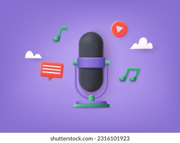 Podcast concept. Microphone on short leg stand, round shape model, vector, 3D mockup. 3D Web Vector Illustrations.