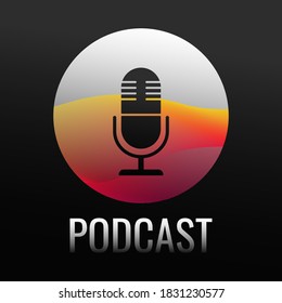 Podcast concept, open microphone, broadcast. Vector illustration in metallic color, studio microphone in black on a silver background with waves.