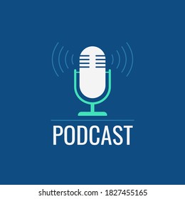 Podcast concept, open microphone. Vector flat illustration, studio microphone in minimalistic design. Logo, icon on a classic blue background.