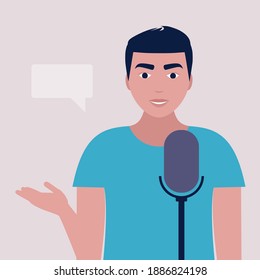 Podcast concept. Performance illustration. Man with microphone. Vector illustration in a flat style