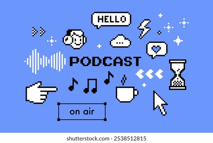 Podcast concept. Pixel art. Y2k pixel elements on blue background. Geometric modern background for podcast blog, poster, bg. Music note, radio, smile. Mood of 90's aesthetics. 8 bit vector icon set