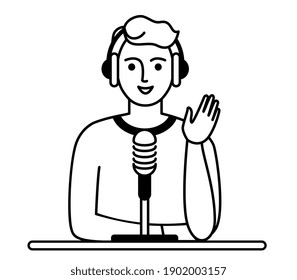 Podcast concept. A podcaster, a blogger with headphones, speaks into a microphone, greets audience. Flat vector in trendy style