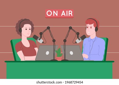 Podcast concept. Podcasting cartoon illustration. Podcaster speaking in microphone and recording audio podcast or online show. Radio presenter broadcasts on the radio. Vector flat illustration.