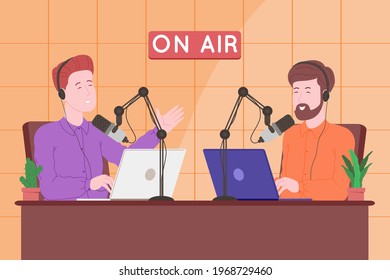 Podcast concept. Podcasting cartoon illustration. Podcaster speaking in microphone and recording audio podcast or online show. Radio presenter broadcasts on the radio. Vector flat illustration.