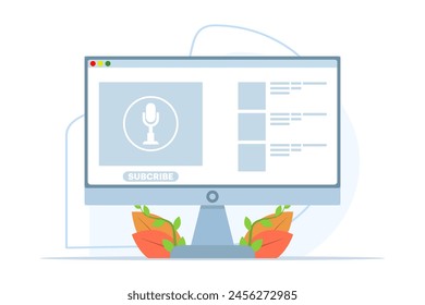 podcast concept. radio studio talking through a microphone and recording an audio podcast or live online interview. headphones, radio host's podcast recording. Explore listening to audio on smartphone