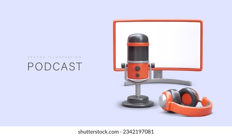 Concepto de podcast. Equipos realistas para grabar entrevistas, monólogos, diálogos. Auriculares, micrófono, monitor grande. Plantilla de vector de color con lugar para texto