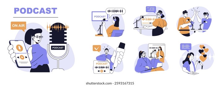 Podcast concept set in flat web design. People in isolated scenes record audio interview or online show, host and guest talking in microphones, speakers at headphones in studio. Vector illustrations.