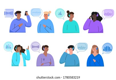 Concepto de podcast. Conjunto de ilustraciones sobre podcasting. Personas escuchando audio en audífonos