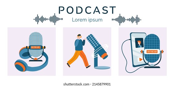 Conjunto de conceptos de podcast. Ilustraciones para el diseño de transmisiones de podcast. Micrófono de estudio en un stand, auriculares, banda sonora, podcaster en auriculares, smartphone. Vector plano en estilo de moda