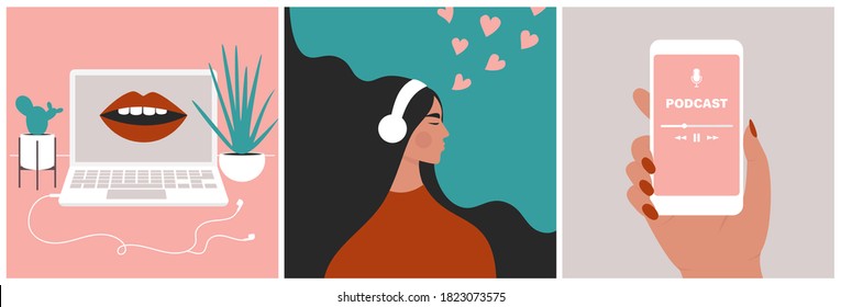 Podcast concept set. Mouth speaking from a screen on a laptop. Young beautiful girl enjoying audio in headphones. Hand holding a smartphone with a media application. Flat vector in trendy style