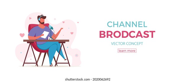 Podcast concept in studio with men sitting and recording in microphone and headset vector illustration. Young character brodcasting online interviewing design 