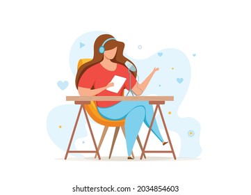 Podcast concept in studio with men sitting and recording in microphone and headset vector illustration. Young character brodcasting online interviewing design 