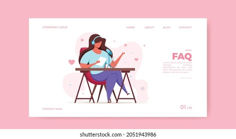 Podcast concept in studio with woman sitting and recording in microphone and headset vector illustration. Young character brodcasting online interviewing design 