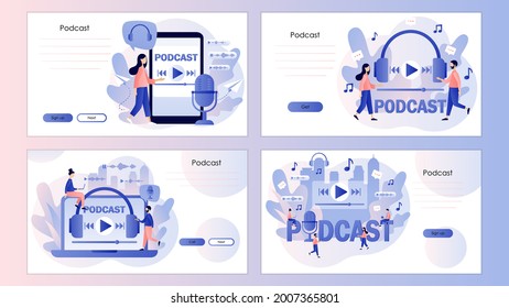 Concepto de podcast. Gente pequeña escuchando audio. Podcaster, formación en línea, programa de radio o blog de audio. Plantilla de pantalla para página de inicio, plantilla, ui, web, aplicación móvil, afiche, banner, volante. Vector 