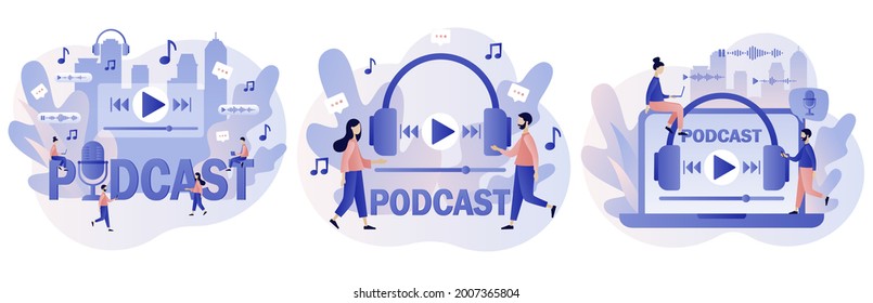 Podcast concept. Tiny people listening audio. Podcaster speaking in microphone. Online training, radio show or audio blog. Modern flat cartoon style. Vector illustration on white background 