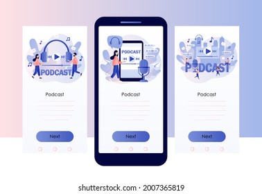 Podcast Concept. Tiny People Listening Audio. Podcaster Speaking In Microphone. Online Training, Radio Show Or Audio Blog. Screen Template For Mobile, Smartphone App. Modern Flat Cartoon Style. Vector